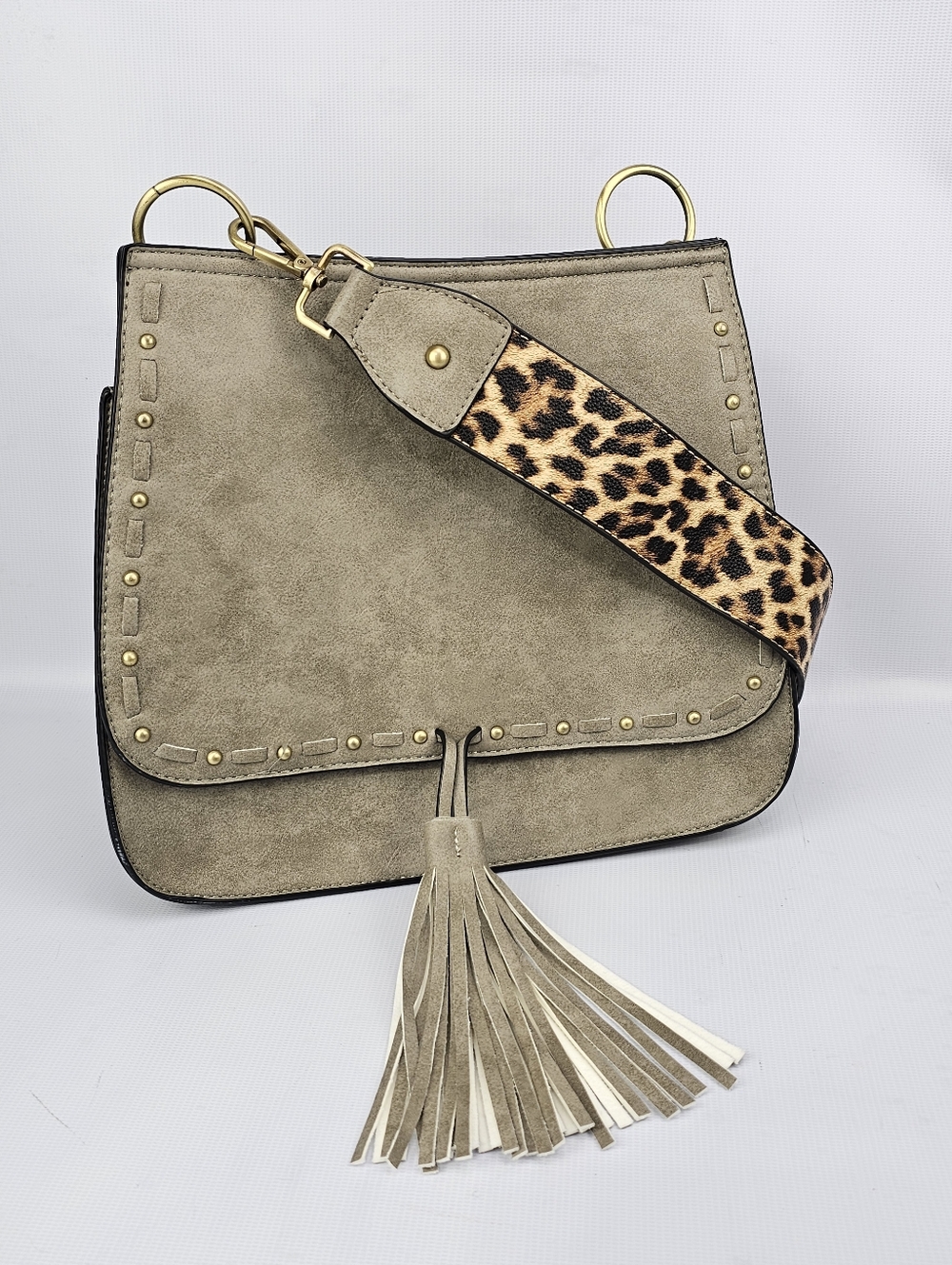 Jen & Co Bailey Vegan Crossbody with Animal Print Guitar Strap Gray